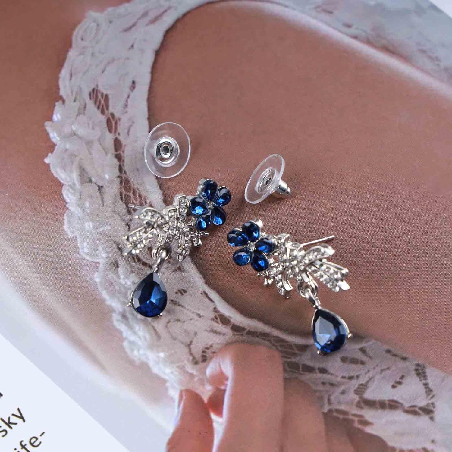 Boho Teardrop Sapphire Earrings Blue Crystal Drop Earrings Sapphire Flower Stud Earring Luxury Sapphire Blue Earring Silver Cz Crystal Dangle Earrings Jewelry for Women - Image 4
