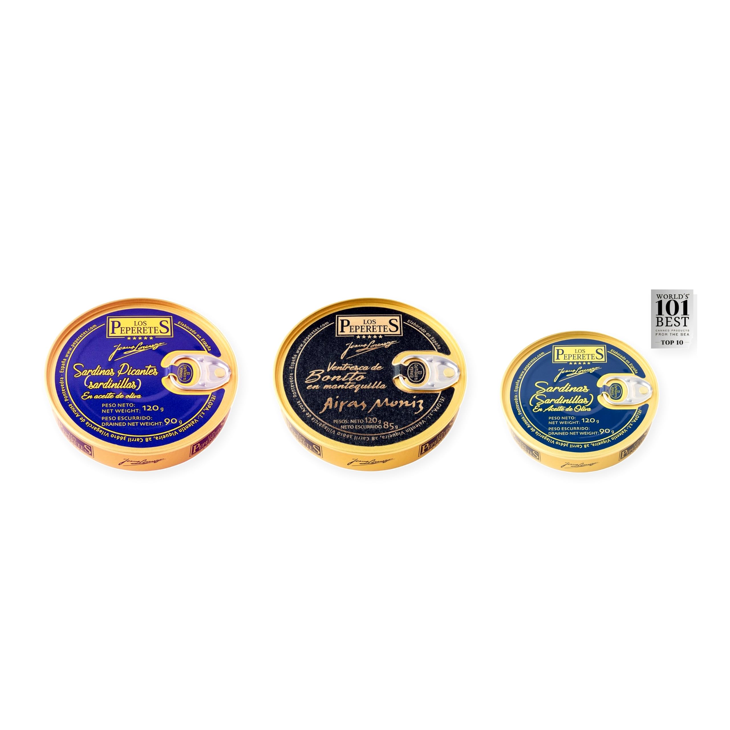 los peperetes conservas Sardinillas Picantes, Ventresca Bonito Mantequilla y Sardinillas Aceite Oliva pack 3 latas