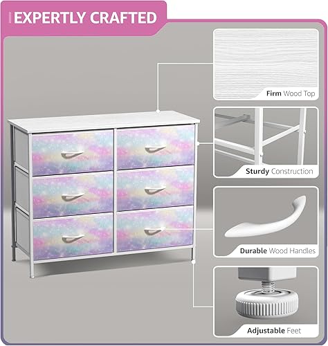 Miniatura 6 de Sorbus Kids Dresser with 6 Drawers - Storage Chest Organizer Nightstand - Steel Frame, Wood Top, Tie-Dye Fabric Bins for Clothes - Wide Furniture