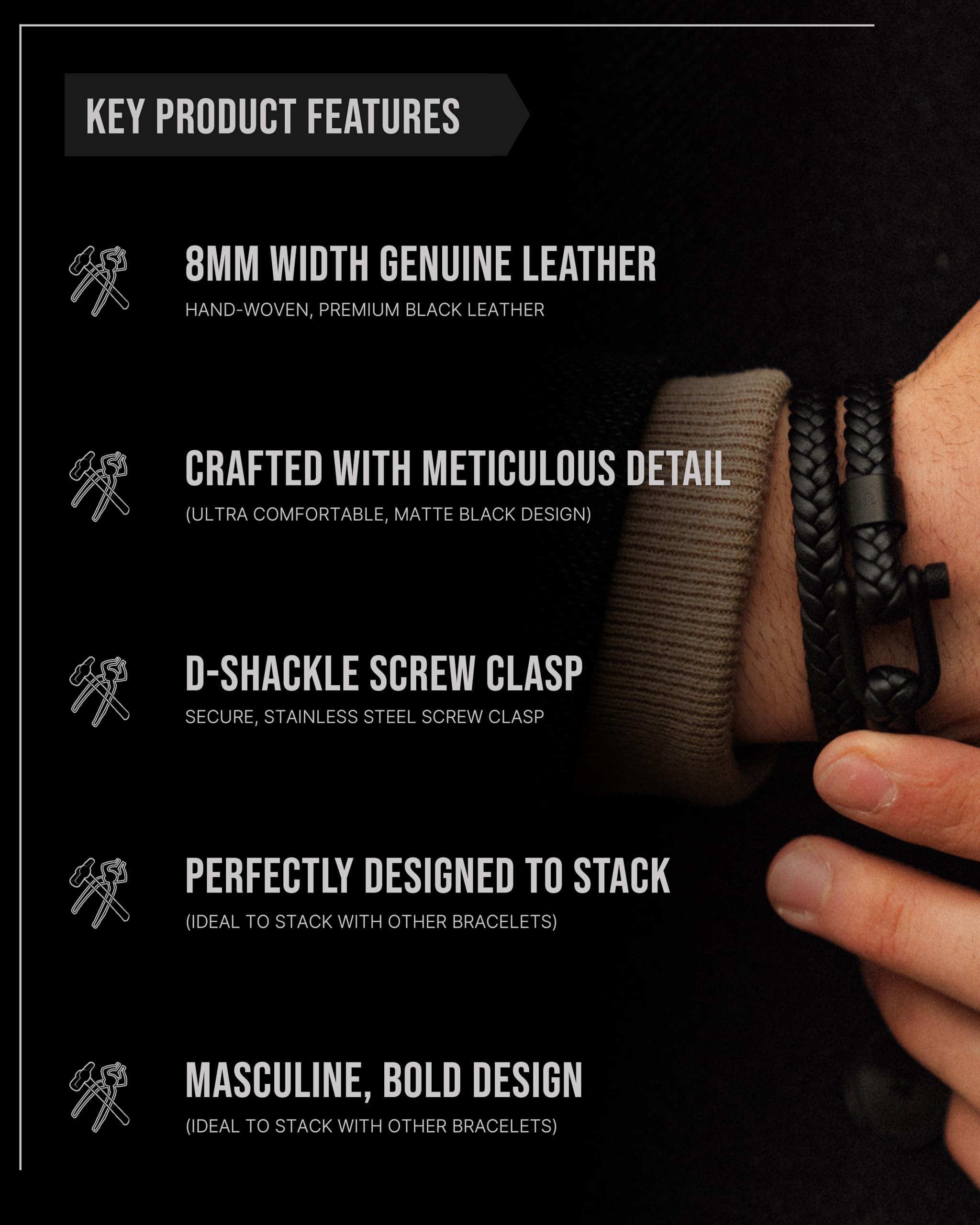 Forge & Foundry Schwarzes geflochtenes Lederarmband für Herren | mattschwarzer D-Schäkel Schraubverschluss | Design-gelassen, Kunsthandwerkerschmuck aus London