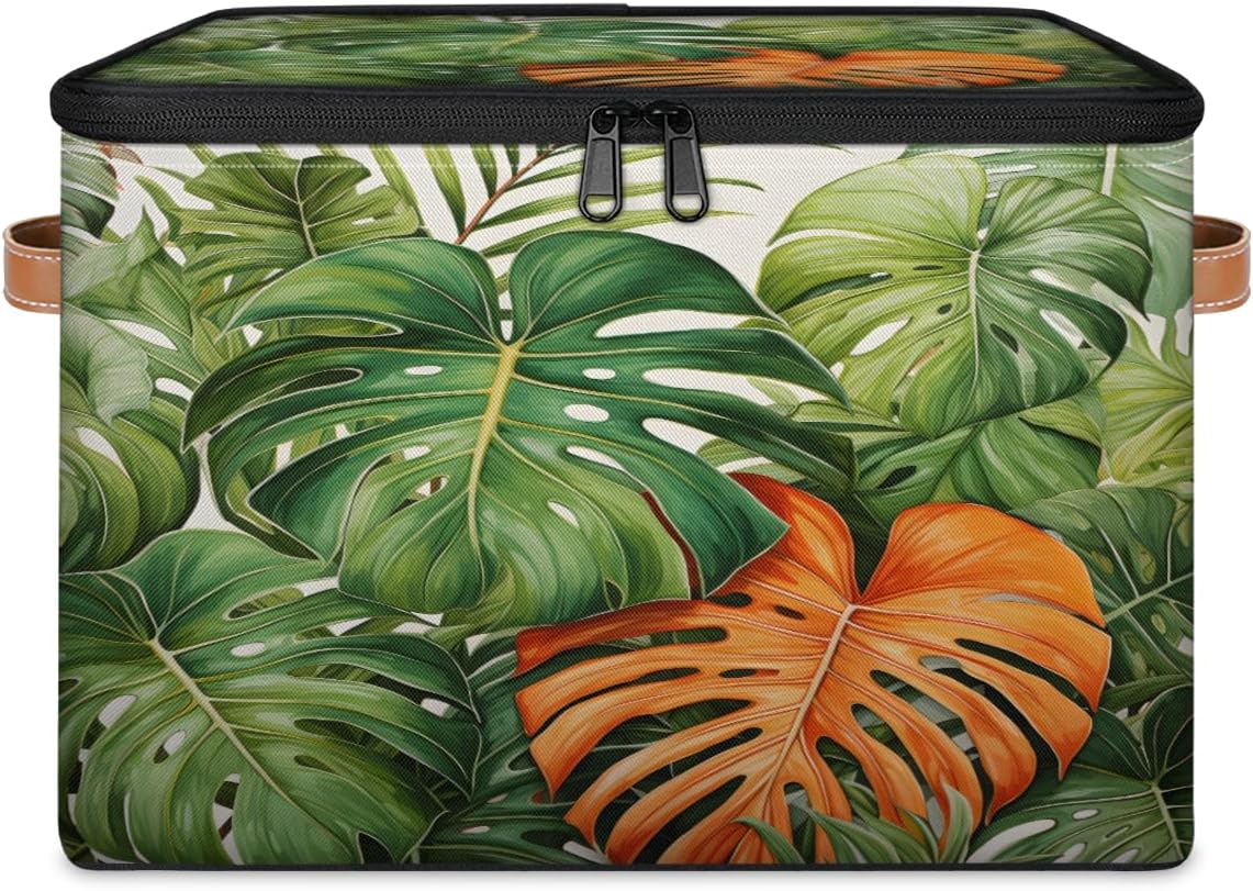 Storage Bin Set of 2 Green Palm Leaf Storage Basket with Zipper Lid & Handle Foldable Closet Shelf 2 Pack Cloth Organizer Basket Cube Bins Clothes Organizer for Bedroom, Nursery