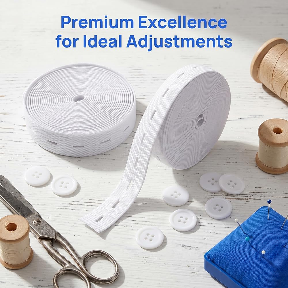 3/4 Inch Sewing Elastic with Button Holes(2 Rolls, 11 Yards Total, White), with 10Pcs 15mm Button, Uiewefy Braided Buttonhole Elastic Band for Pants, Waistband and DIY Crafts