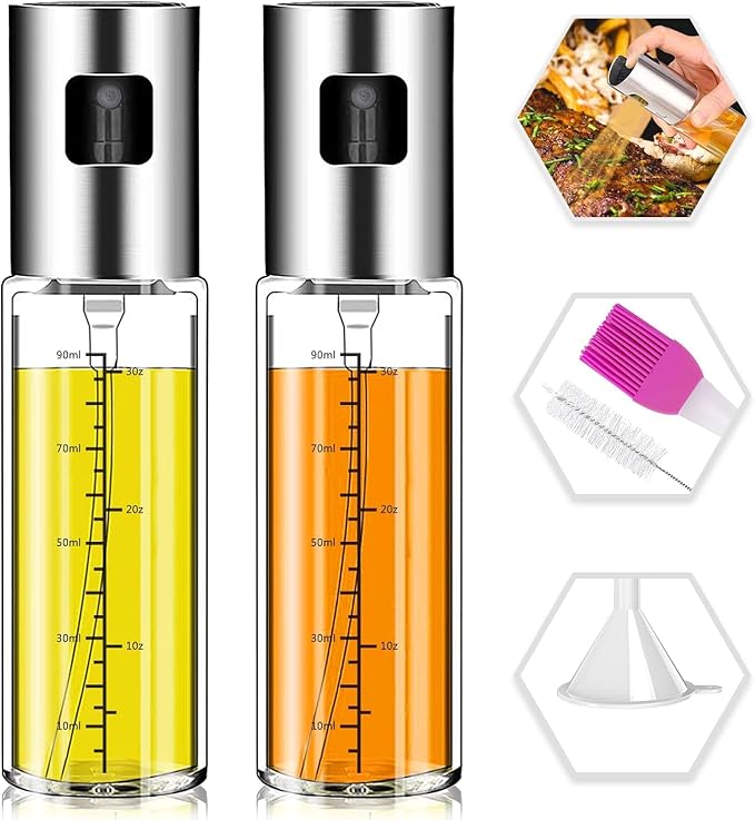 NORBASE Olive Oil Sprayer, 2Pack Refillable Oil & Vinegar Dispenser, Glass Bottle With Measurements, Bbq Baking Roasting Frying Oil Control, Diet 100Ml With Brush Funne