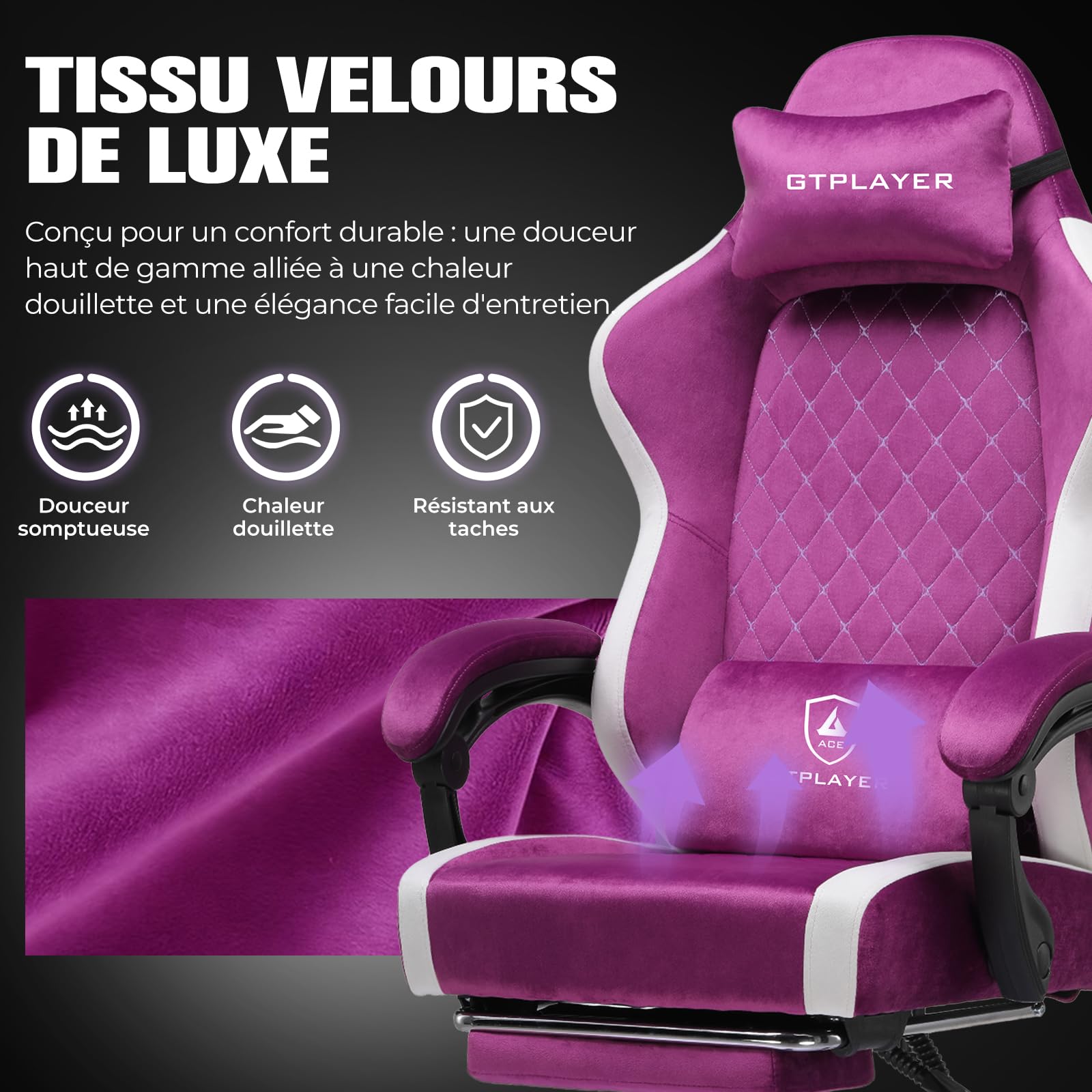GTPLAYER Chaise Gaming Ergonomique, Chaise de Bureau en Tissu Respirant, Grande et Haute, pivotante, avec Repose-Pieds, Soutien Lombaire réglable et appuie-tête, Violet
