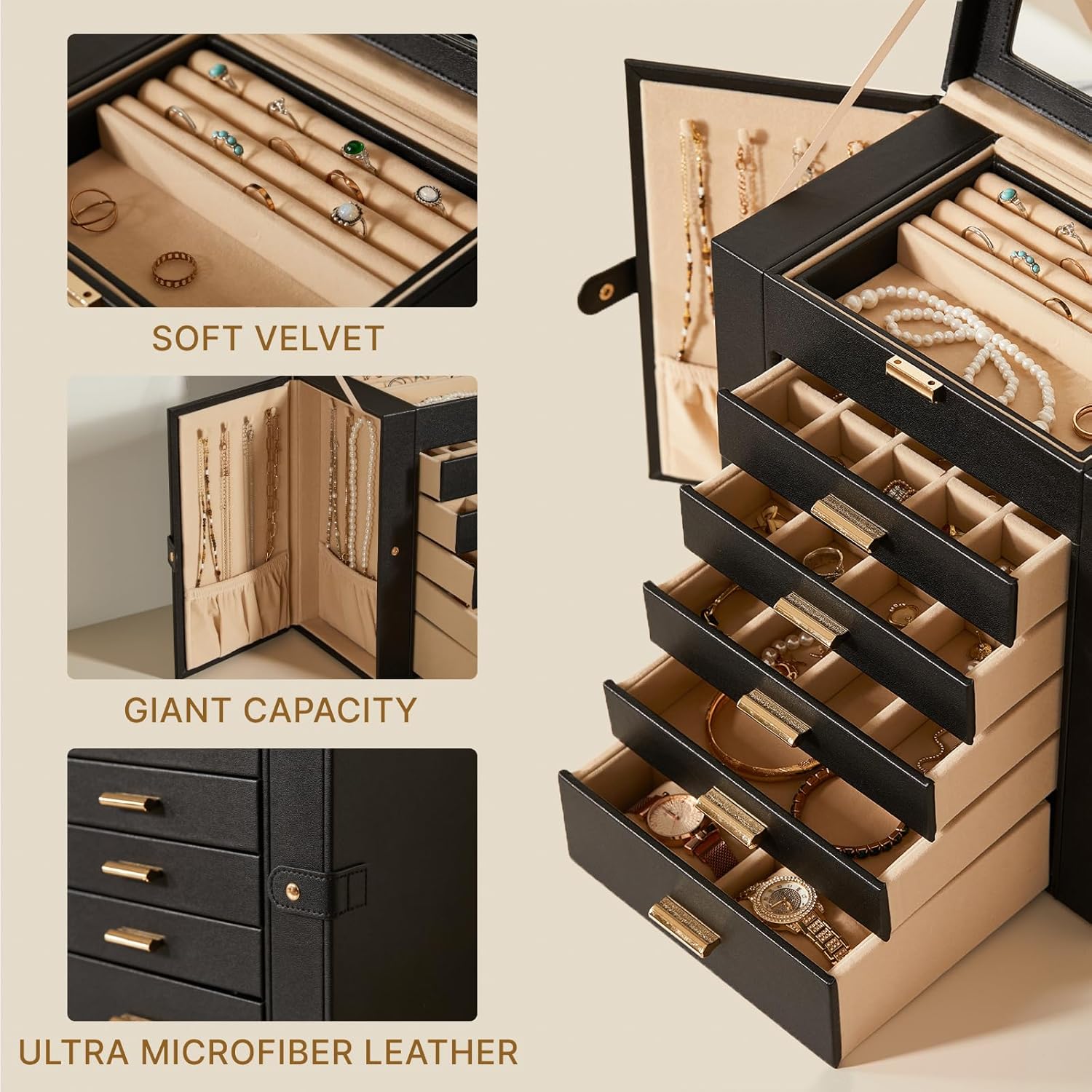 Large Leather Jewelry Box Organizer 6 layer Jewelry Storage Case for Women Girls Ring Necklace Earring Bracelet Holder with Mirror Gift(Black)