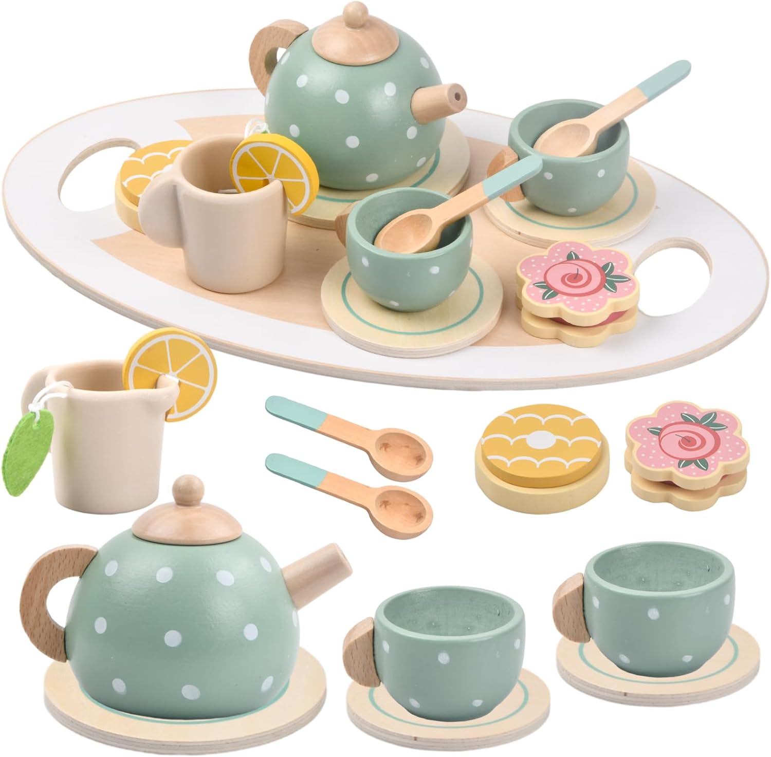 Bezavea 15PCS Wooden Tea Set for Toddlers, Pretend Play Tea Party Set