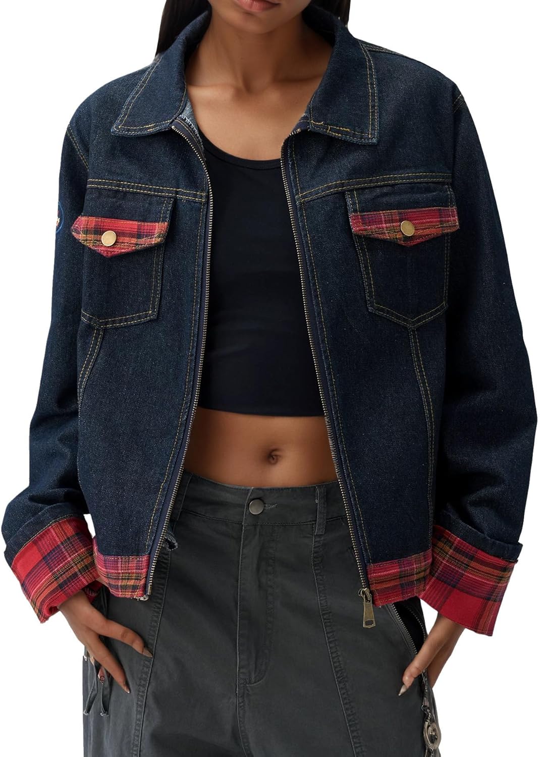 Bakyarder Unisex Y2K Vintage splicing Plaid Denim Jacket Distressed Dark Wash Zip Up Jean Jacket With Pockets