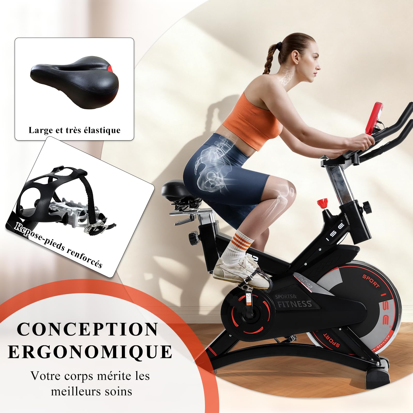 ISE Velo d appartement, Ergonomie Cardio-Training, Exercise Bike, Velo Appartement Fitness, Multifonction Ecran/Impulsion, Vélo d'Appartement Selle/Guidon Hauteur Réglable, Vélo Appartement à Domicile