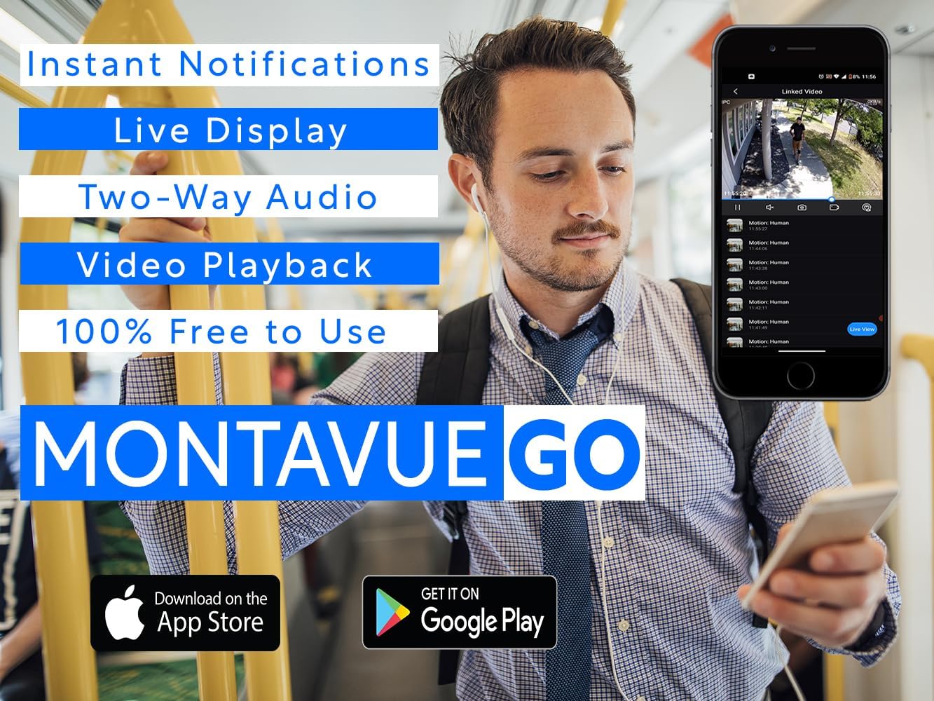 MontavueGO app interface showing live display, two-way audio, and video playback