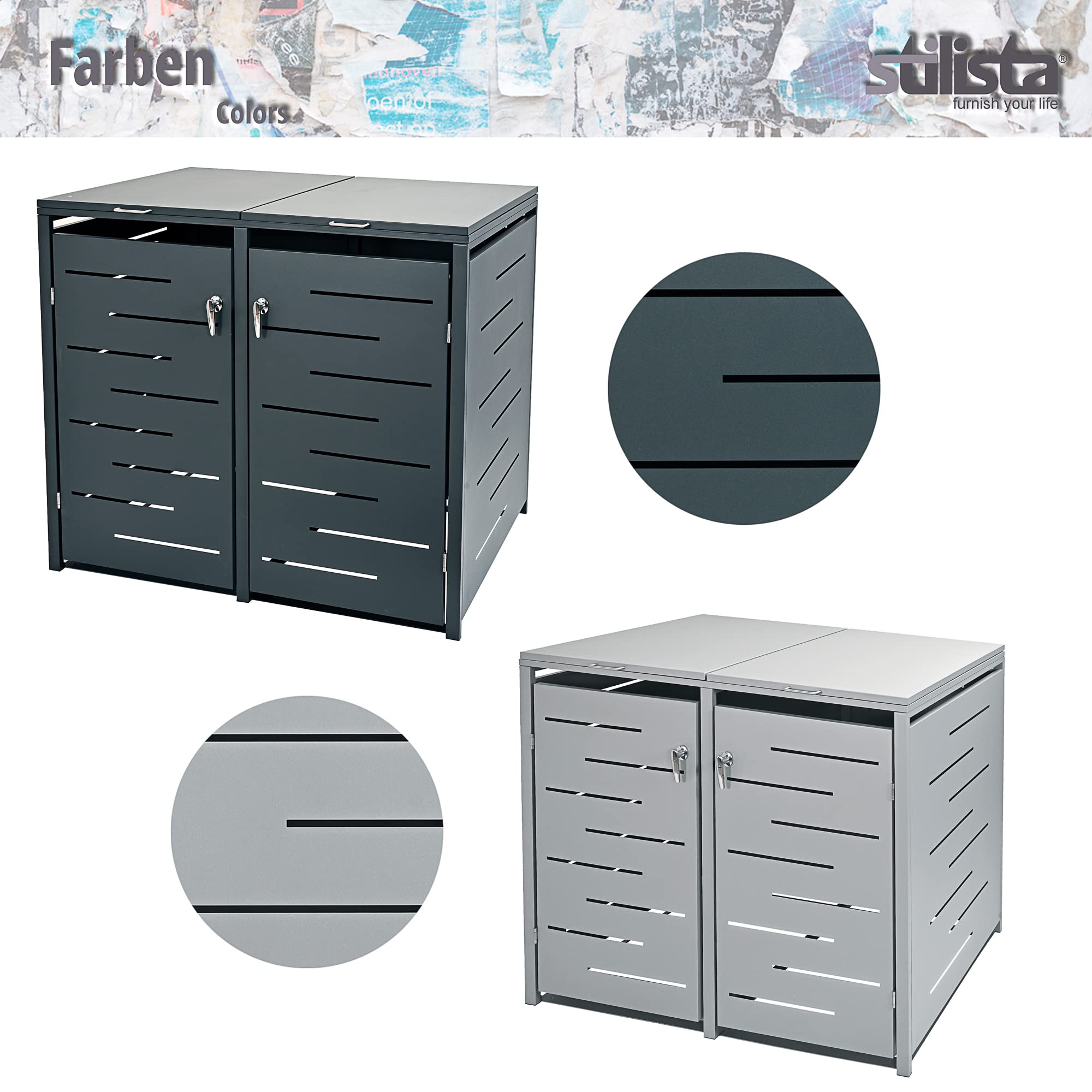 Nexos Mülltonnenverkleidung 2 Türen Silber 240 Liter Metall 132x80x116cm | Pulverbeschichtetes Metall, Platz für zwei 240L Tonnen, Gasdruckfeder, Lüftungsschlitze gegen Gerüche