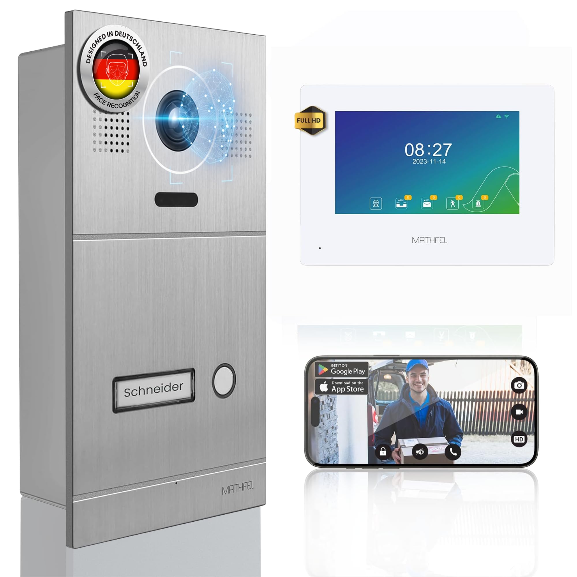 Mathfel 2-Draht IP Video-Türsprechanlage mit Türöffner – Full-HD Kamera, 7" Monitor & App-Steuerung – Smarte Video-Türklingel mit Gegensprechanlage (Silber, 1 Klingeltaster)