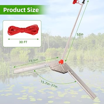 Sancat Lake Weed Cutter ,37 Pond Weed Rake ,Lake rake, River Aquatic Plant Cutting Tool,3 Adjustable Cutting Angles,30ft Throw Rope ,Sharp Stainless Steel Blades ,Shear Cattail, Reed, Algae & Weeds