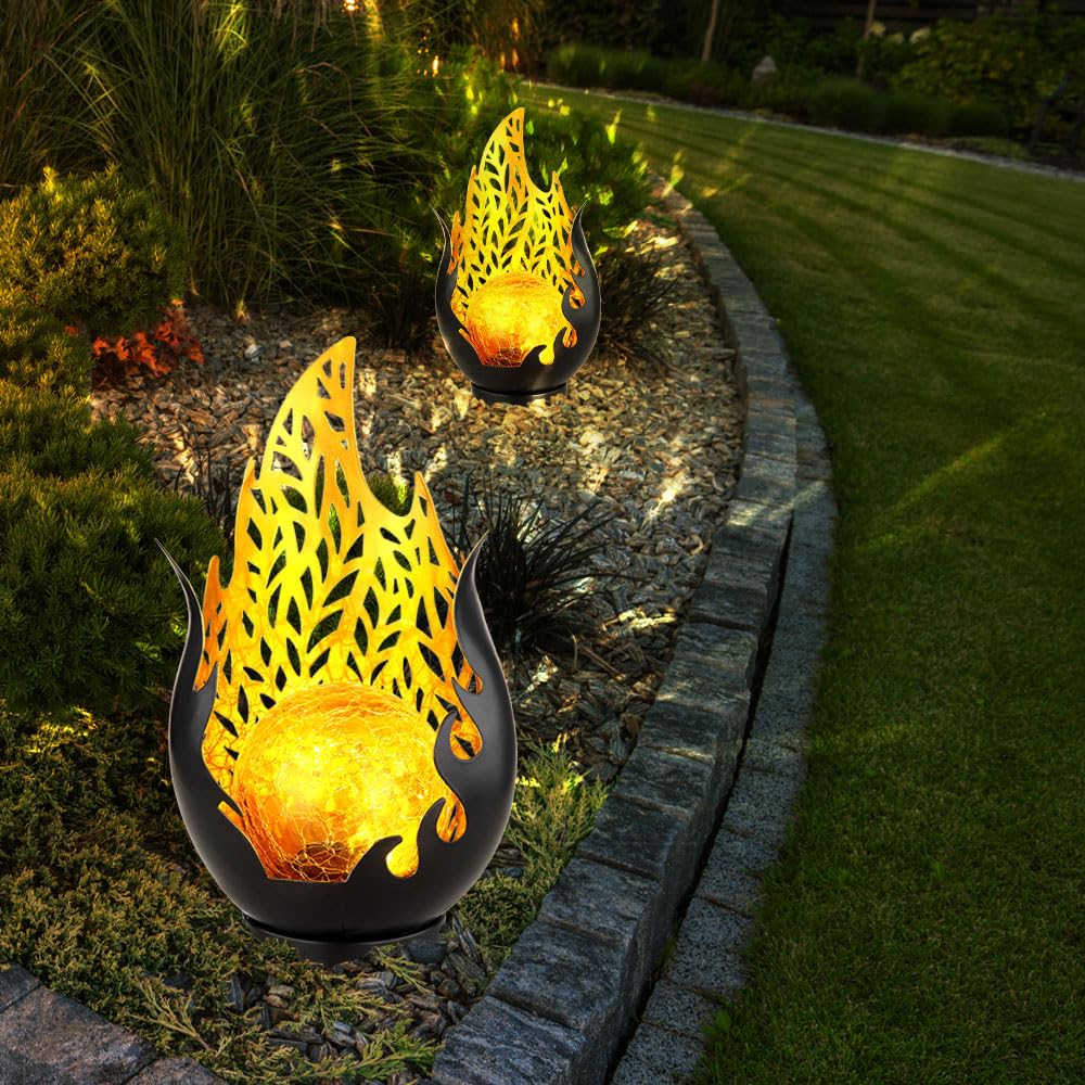 Gartendeko Solarlampen für Außen Outdoor Balkon Deko schwarz gold Flammenoptik Glaskugel, IP44 Akku Metall, 1x LED, LxBxH 16,5x12,5x26,5 cm, 2er Set
