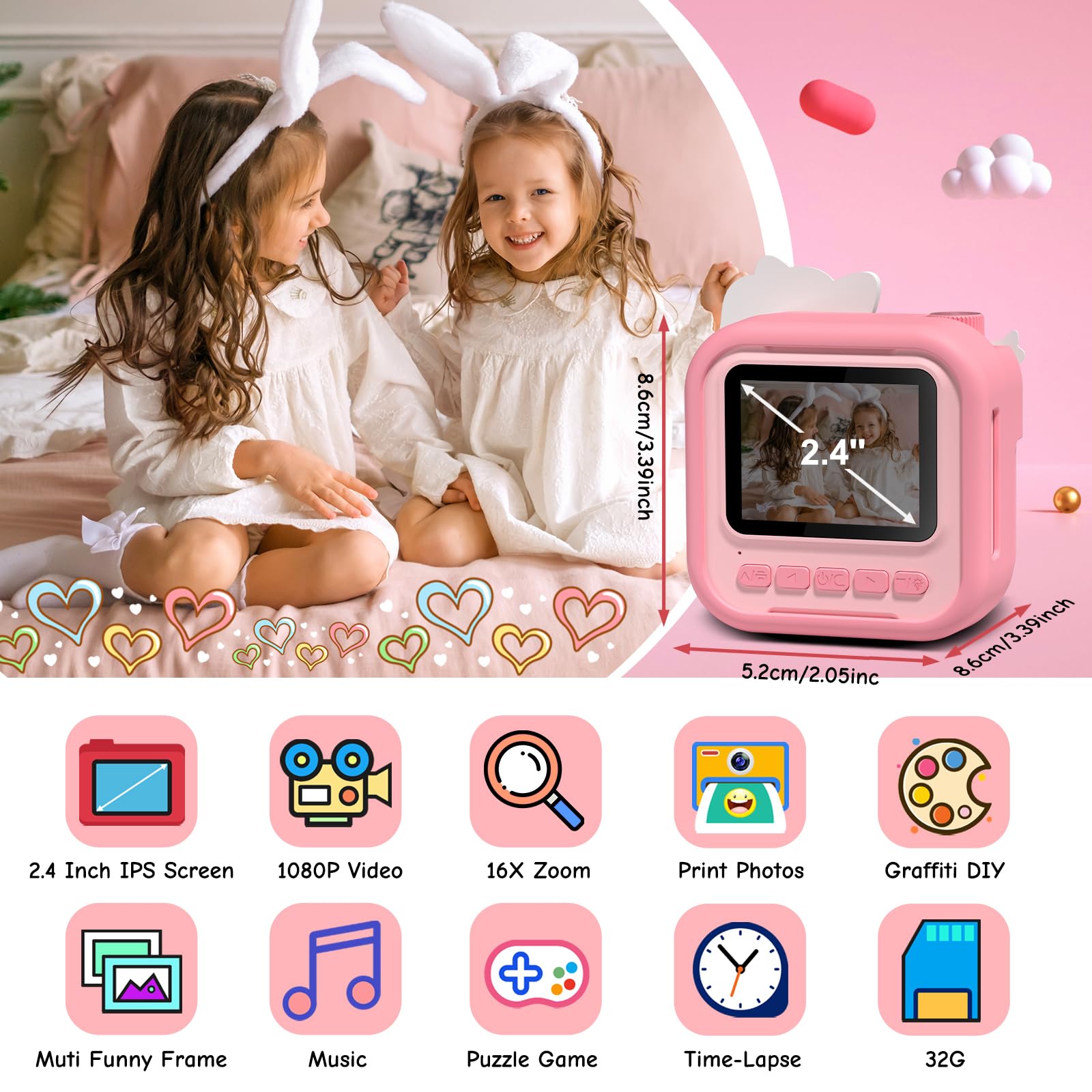 Macchina Fotografica Bambini Istantanea,Hangrui 12MP/1080P HD Fotocamera Bambini con Carta da Stampa e 32G, Fotocamera Digitale Stampa Istantanea, Regalo per Bambini dai 3-12 Anni-Rosa chiaro