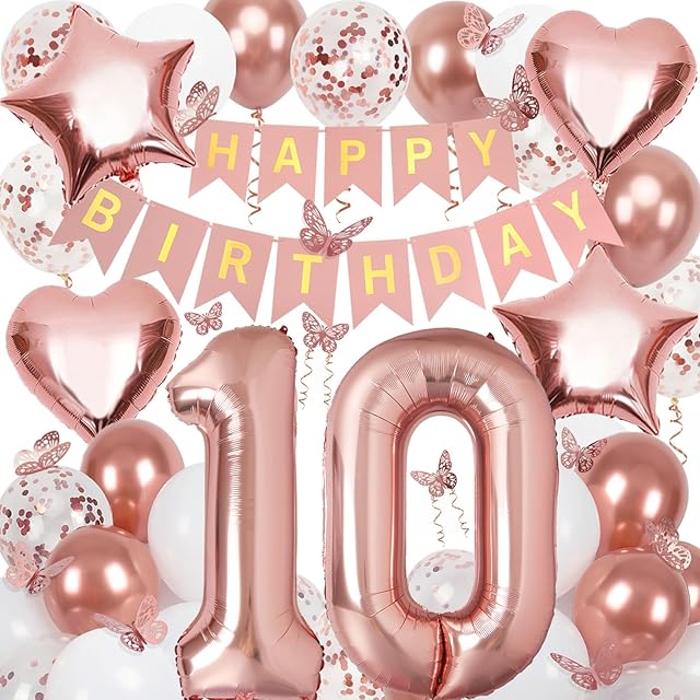 10th Birthday Decorations for Girls, Rose Gold 40 Inch Number 10 Foil Birthday Balloons with Happy Birthday Banner and Butterfly Stickers