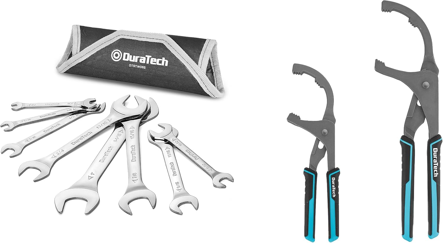 DURATECH Super-Thin Open End Wrench Set, SAE, 8-Piece & Oil Filter Wrench Set, 9" & 12"