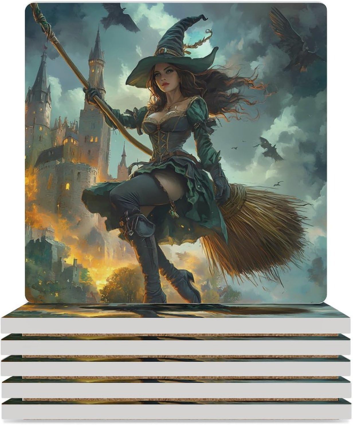 Witch Flying with A Broomstick Ceramic Coasters Set Square Drink Coasters Table Coaster for Kitchen Desktop Decor