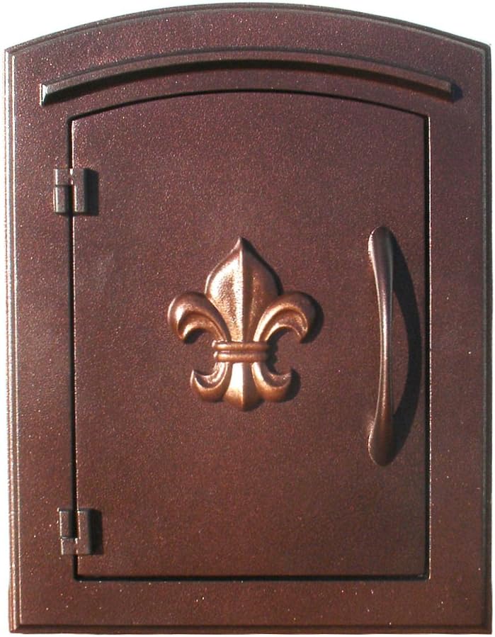 Qualarc MAN-S-1402-AC Manchester Security Drop Chute Mailbox with Decorative Fleur De Lis Logo Faceplate in Antique Copper