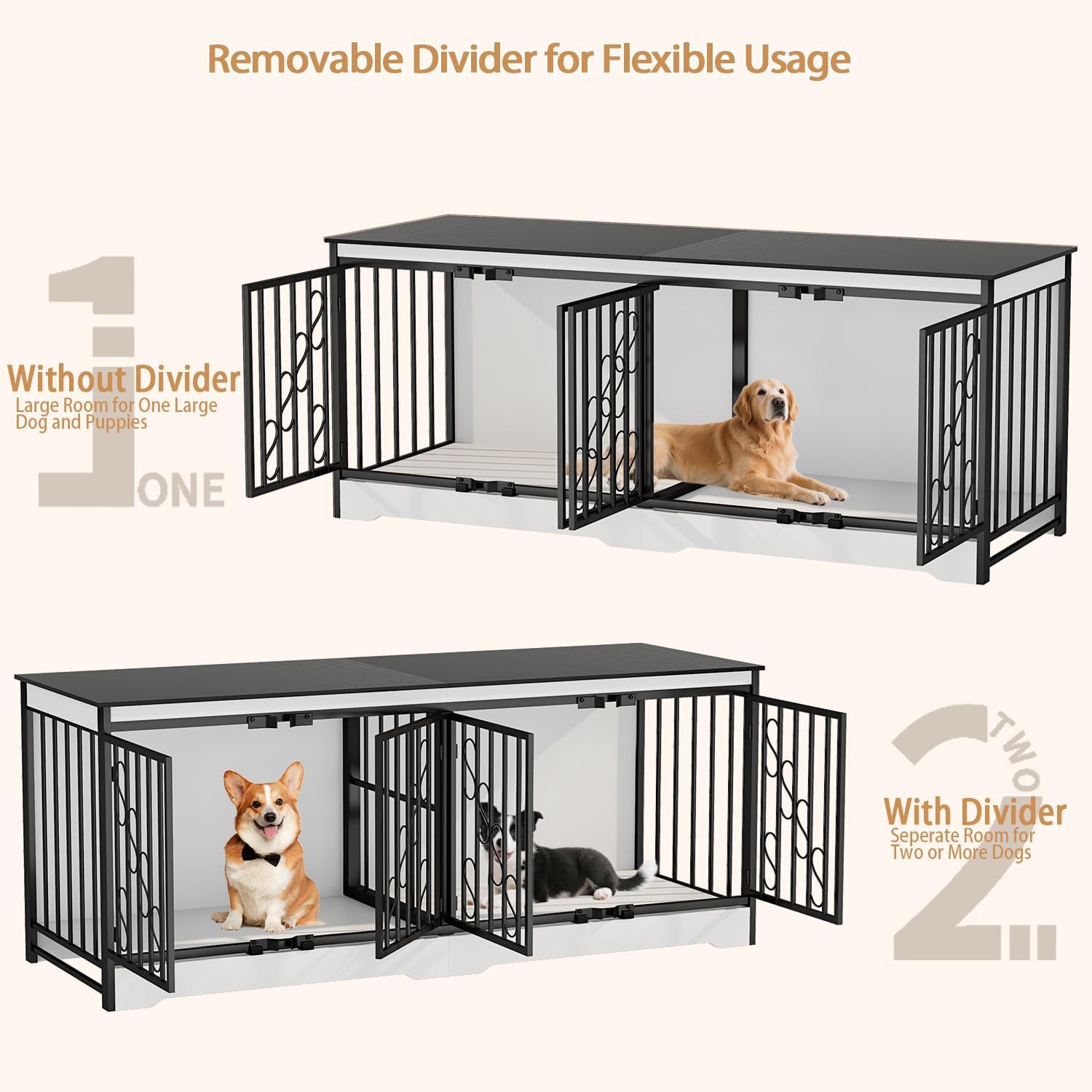 COZPAW 71" Black & White Double Dog Crate Furniture for 2 Dogs, Heavy Duty Wooden Dog Kennel Furniture Indoor TV Stand, Modern Dog Crates for Large Medium Small Dogs with Divider