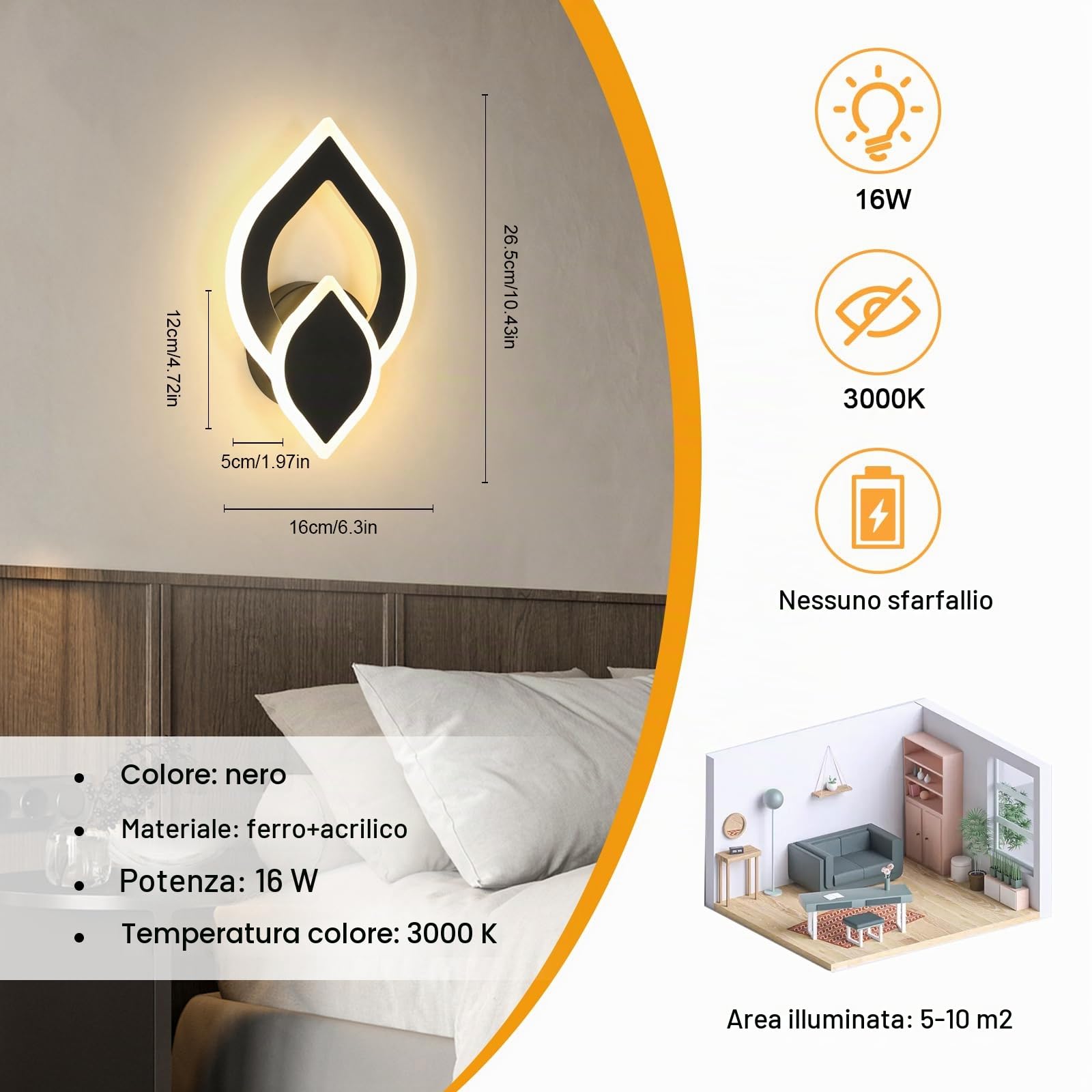Applique da Parete Interno LED Nero, 2 Pezzi 16W 1800LM Lampada da Parete Camera da Letto, Lampada LED da Muro Moderno Cucina per Bagno Soggiorno Scale Corridoio, Luce Bianca Calda 3000K