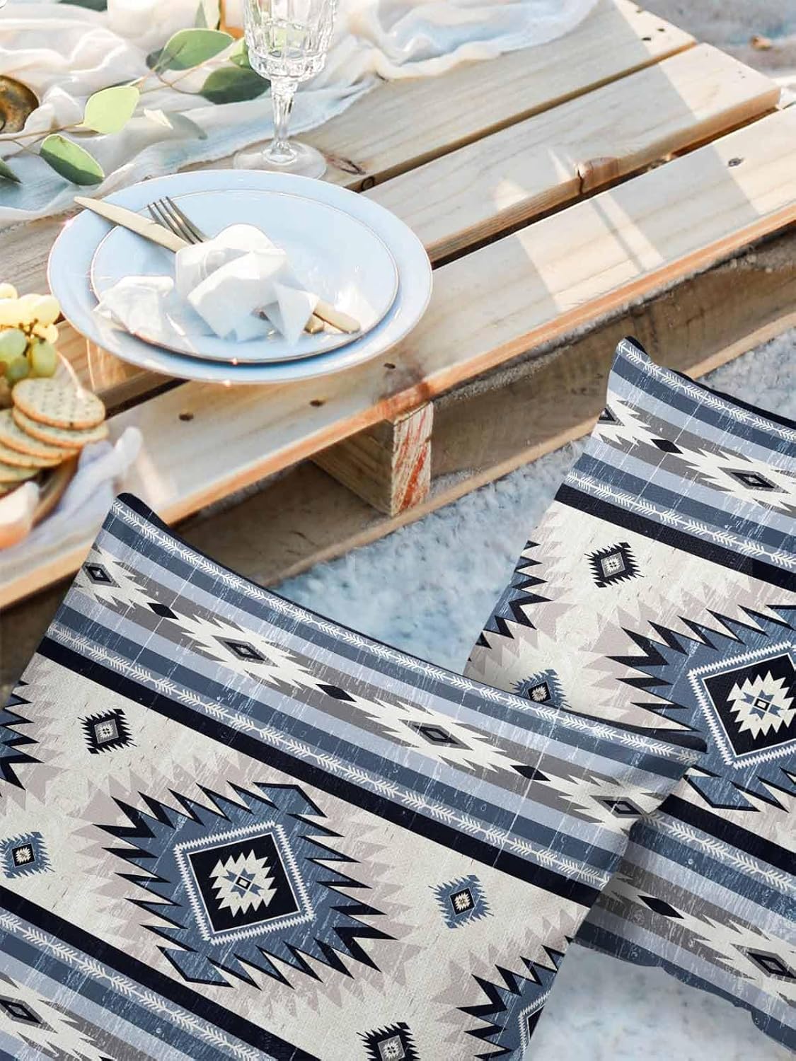 Outdoor Waterproof Throw Pillow Covers Set of 2 Blue Boho Aztec Pillowcases 20x20 Inches Southwest Tribal Geometric Patio Decorative Pillows Cushion Case Patio Pillows for Couch Bed Chair Garden