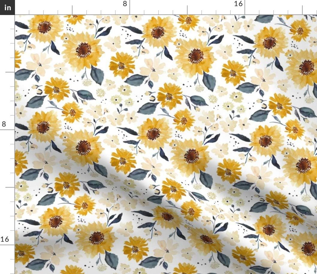Spoonflower Fabric - Summer Sunflower Autumn Mustard Gold Fall Watercolor Floral Printed on Petal Signature Cotton Fabric by The Yard - Sewing Quilting Apparel Crafts Decor