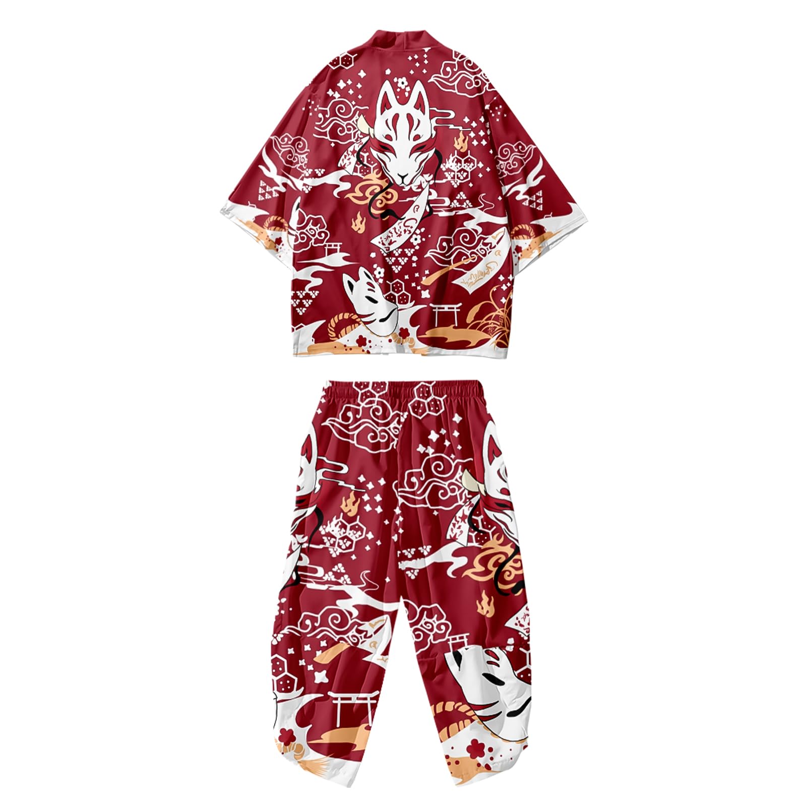 Mens Kimono Set Japanese Kimono Shirt &amp; Shorts 2 Piece Summer Beach Outfits