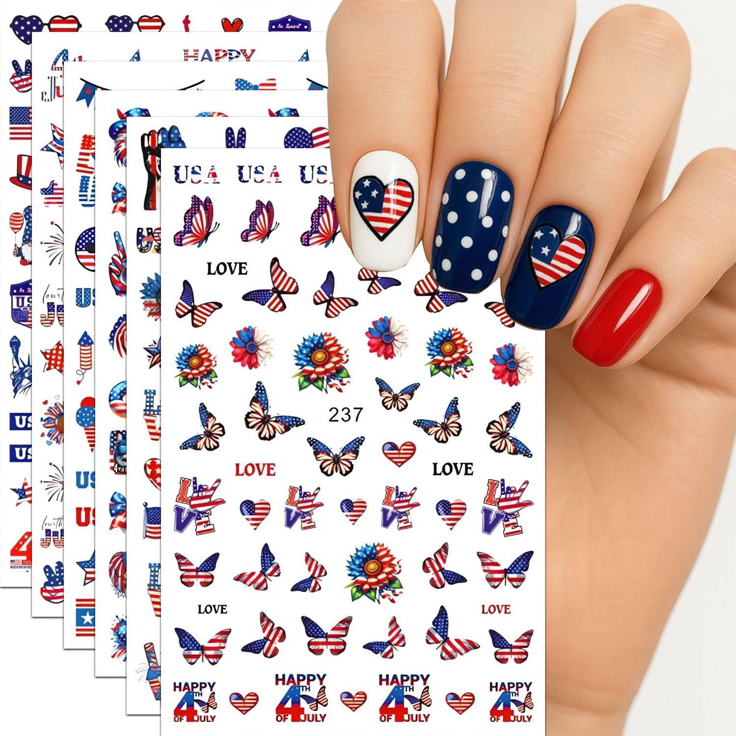6Pcs 4th of July Nail Stickers Red Blue White Nail Art Stickers American Flag Nail Decals DIY Self Adhesive Flame Butterfly Heart Design Nail Decoration for Women Supplies Manicure Accessories