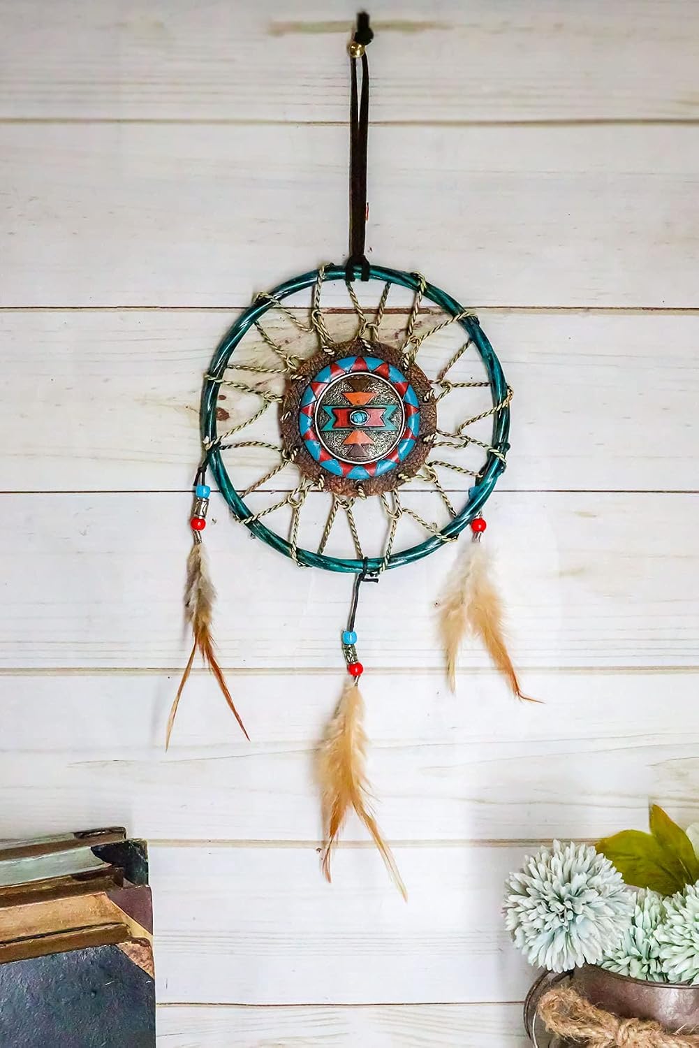 Ebros Native American Healing and Protection Blue Sky Stone Turquoise Dreamcatcher with Beaded Feathers Wall Hanging Decor 6.5" Diameter Decoration Ornament Hanger for Home and Office