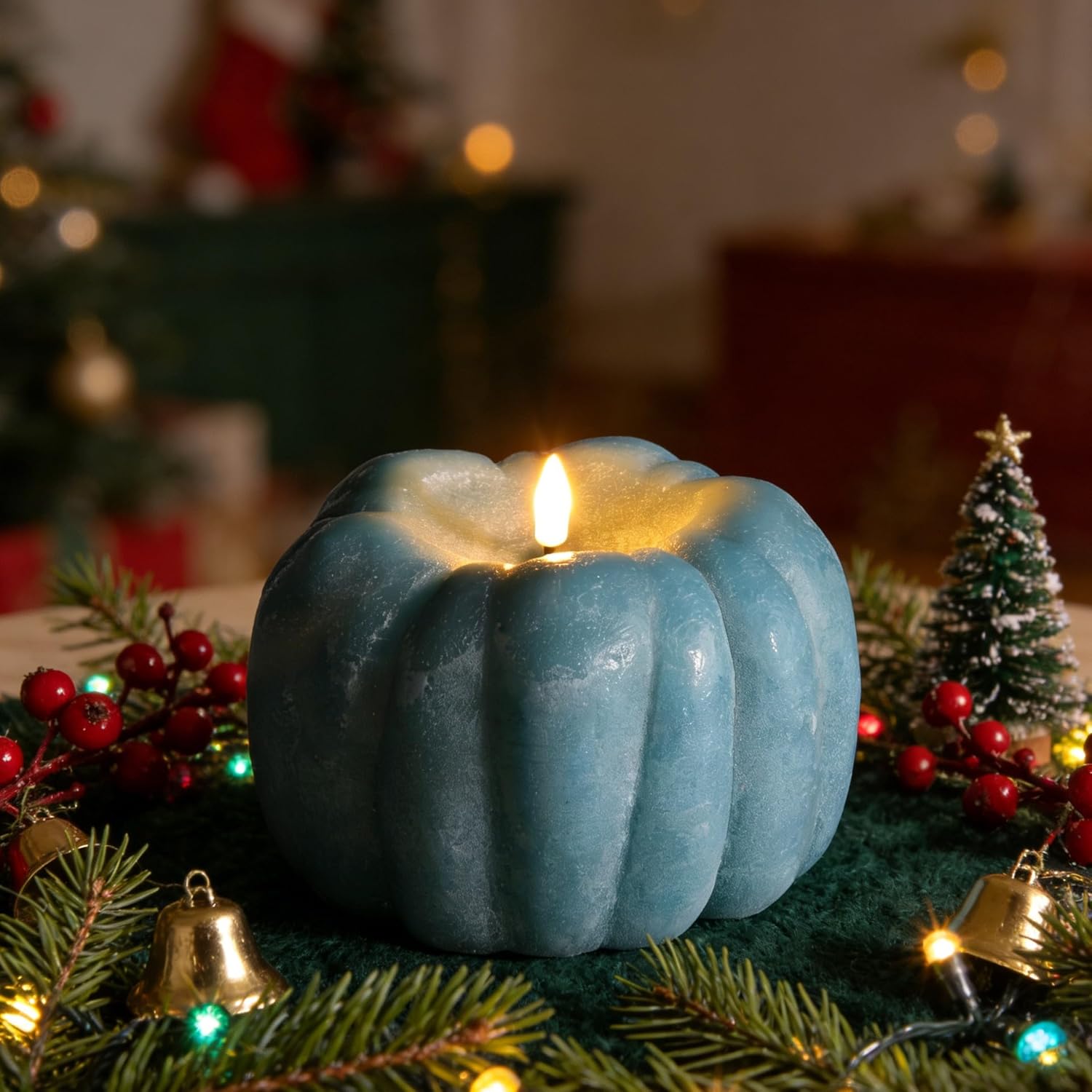 Eywamage Dusty Blue Pumpkin Flameless Candle with Remote, Christmas LED Battery Candle Decor Φ 5.4" H 4"