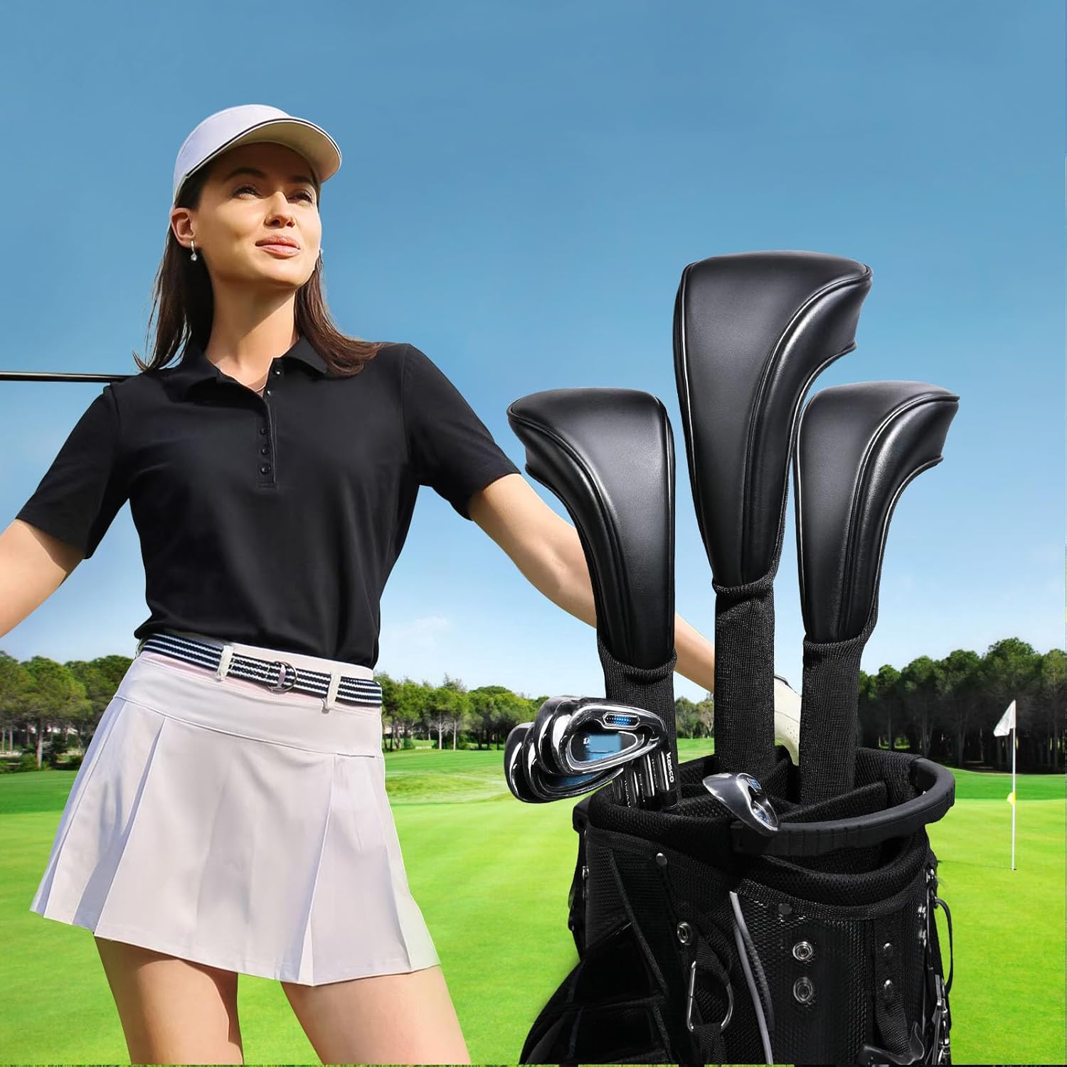 Black Golf Club Head Covers - 3pcs Golf Club Covers for Woods and Driver Fairway hybrids and Magnetic Mallet Putter Covers, PU Leather Golf Accessories Covers for Golf Clubs with Interchangeable Tags