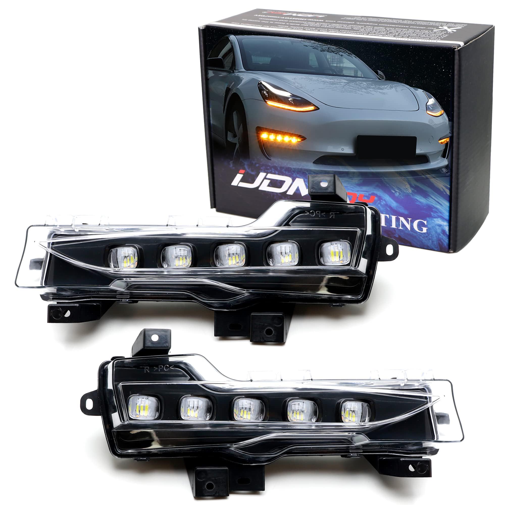 iJDMTOY5-Dot Style OEM Fog Replace Switchback/Sequential LED Turn Signal & DRL Light Kit - Compatible With 2017-23 Tesla Model 3 & 2020+ Model Y (White Fog/DRL, Amber Blinker)