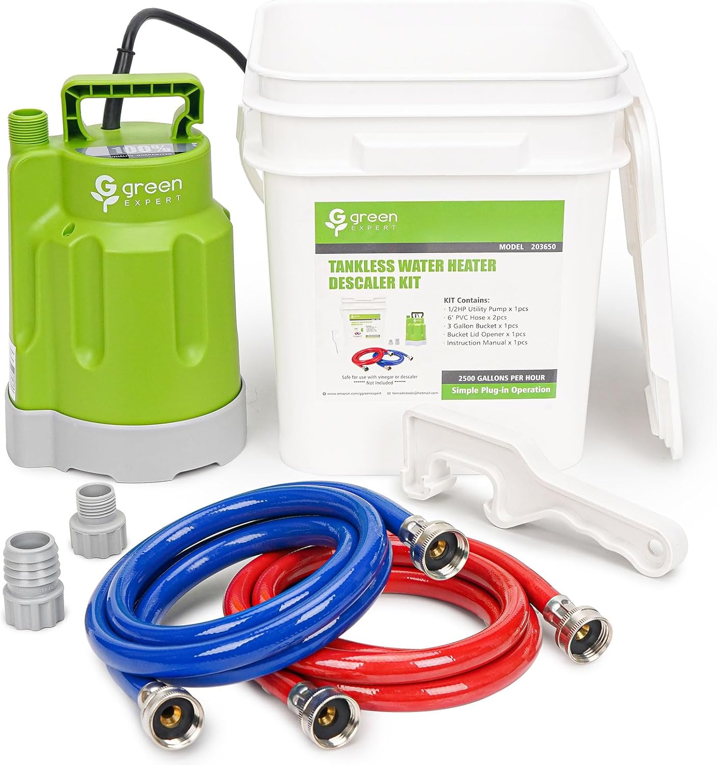 Green Expert Tankless Water Heater Flushing Kit, 1/2HP High-Flow Pump (2500 GPH), 3 Gallon Locking-Lid Bucket, 2×6ft 3/4" GHT PVC Hoses & Wrench, Descaling Maintenance Kit (Descaler Not Included)