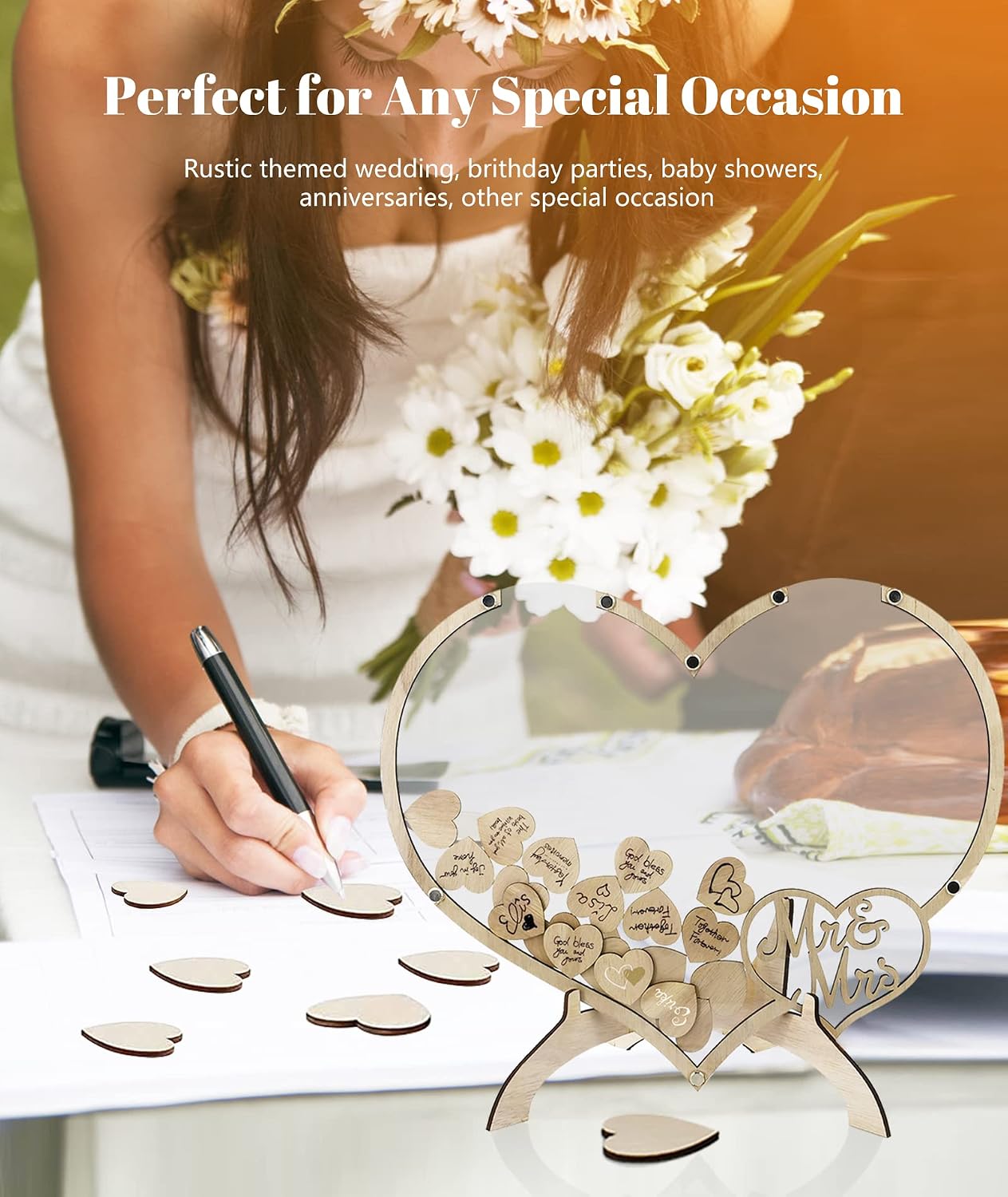 Wedding Guest Book, Heart Wood Guest Book Wedding Reception with 100pcs Wooden Hearts and Drop Box, Rustic Wedding Sign Decor for Reception and Ceremony Party