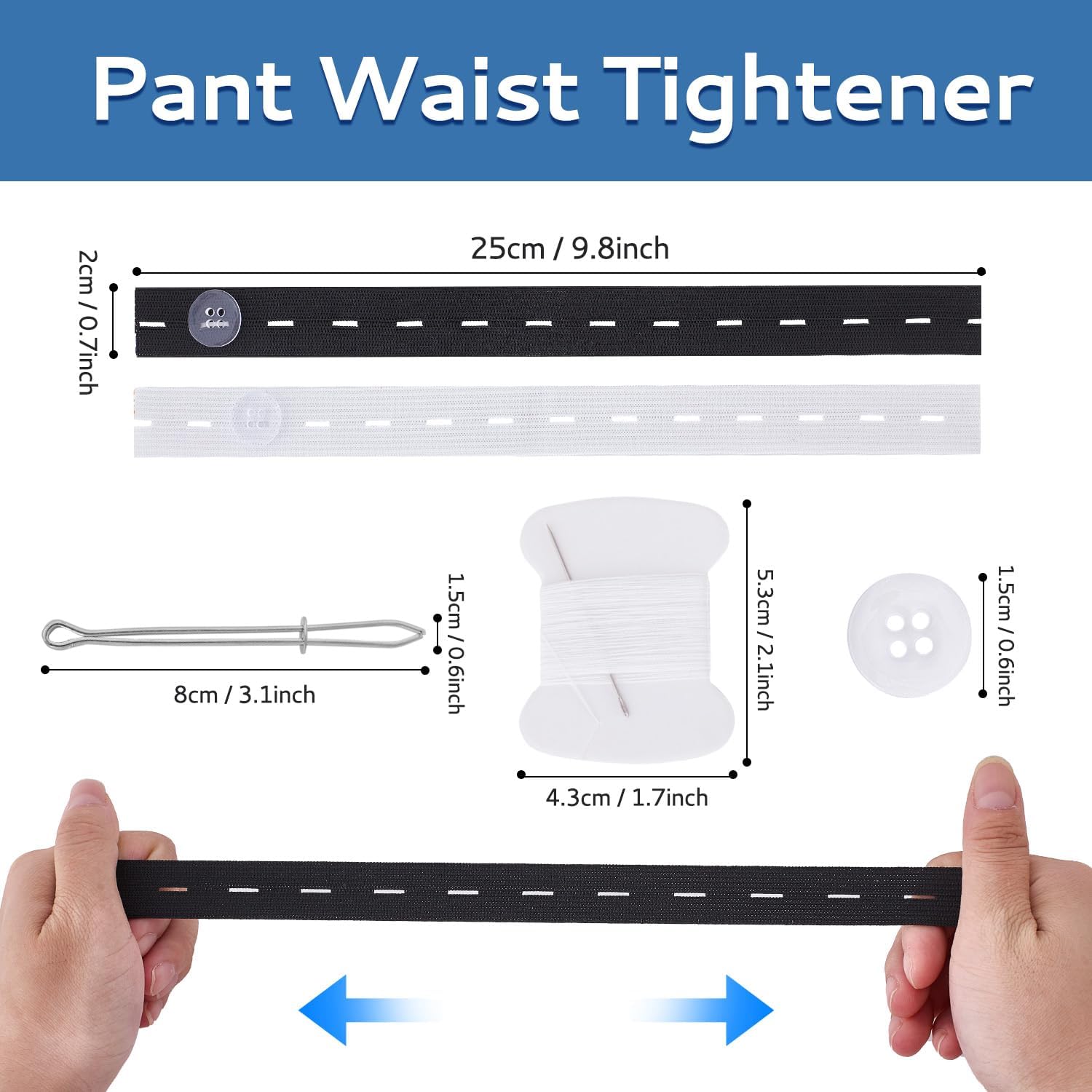 8Pcs Pant Waist Tightener, Waist Adjuster for Loose Jeans Elastic Waistband Adjuster Black and White Waistband Tightener with 16 Buttons, 2 Sewing Kit & 1 Thread Hook for Women Men