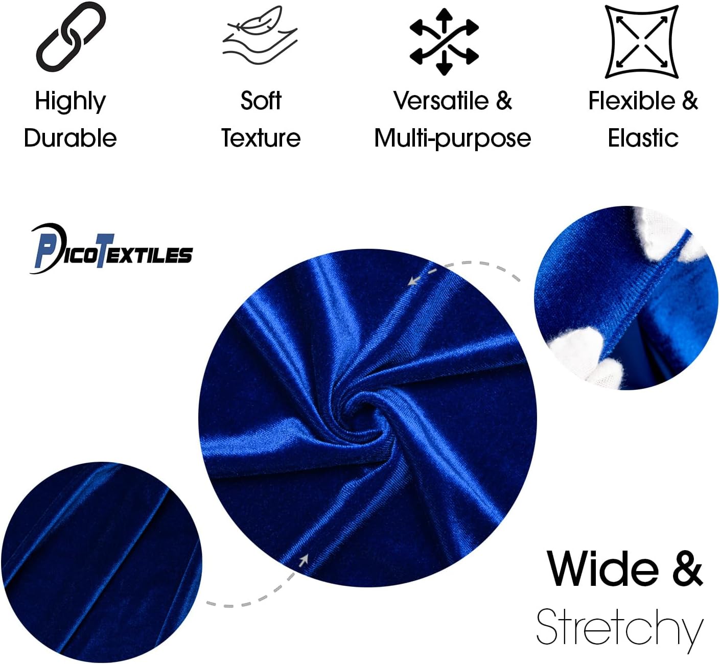 Pico Textiles 2 Yards Bolt - Royal Blue Stretch Velvet Fabric - Sold by The Bolt - Variety of Colors - Ideal for Sewing Apparel, Dresses, Skirts, Costume and Craft