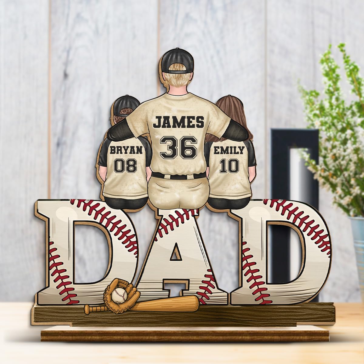 DOPTIKA Personalized 2D Baseball Plaque With Stand, Fathers Day Baseball Gifts For Dads, Best Dad Ever Gifts, Dad Gifts From Daughter, Son, 2025 Wooden Plaque For Fathers Day Decorations (1 Kid)