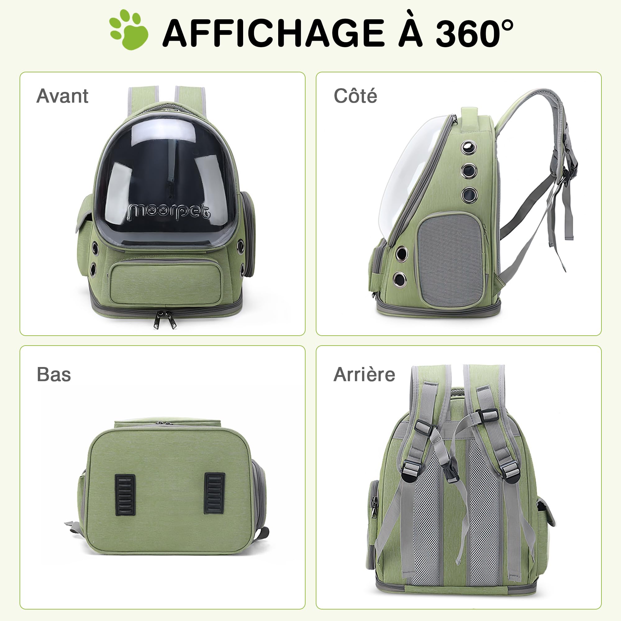 ALLSOPETS Sac à Dos pour Chat, Fenêtre Bulle Transparente, Vert Forêt | Sac de Transport Respirant avec Crochet de Sécurité, Confortable pour Chats et Petits Chiens jusqu’à 7,5 kg pour les Voyages