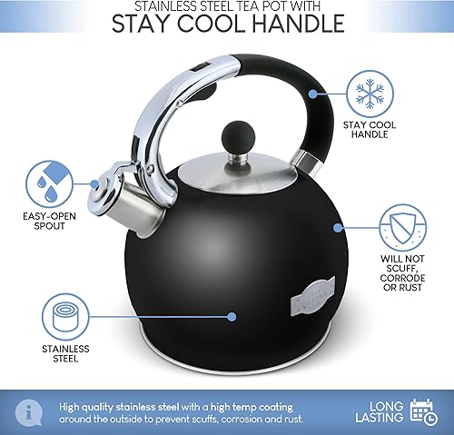 Miniatura 2 de Stove Top Whistling Fancy - Tetera de acero inoxidable con mango ergonómico, 2.7 cuartos de galón  2.6 litros, color negro