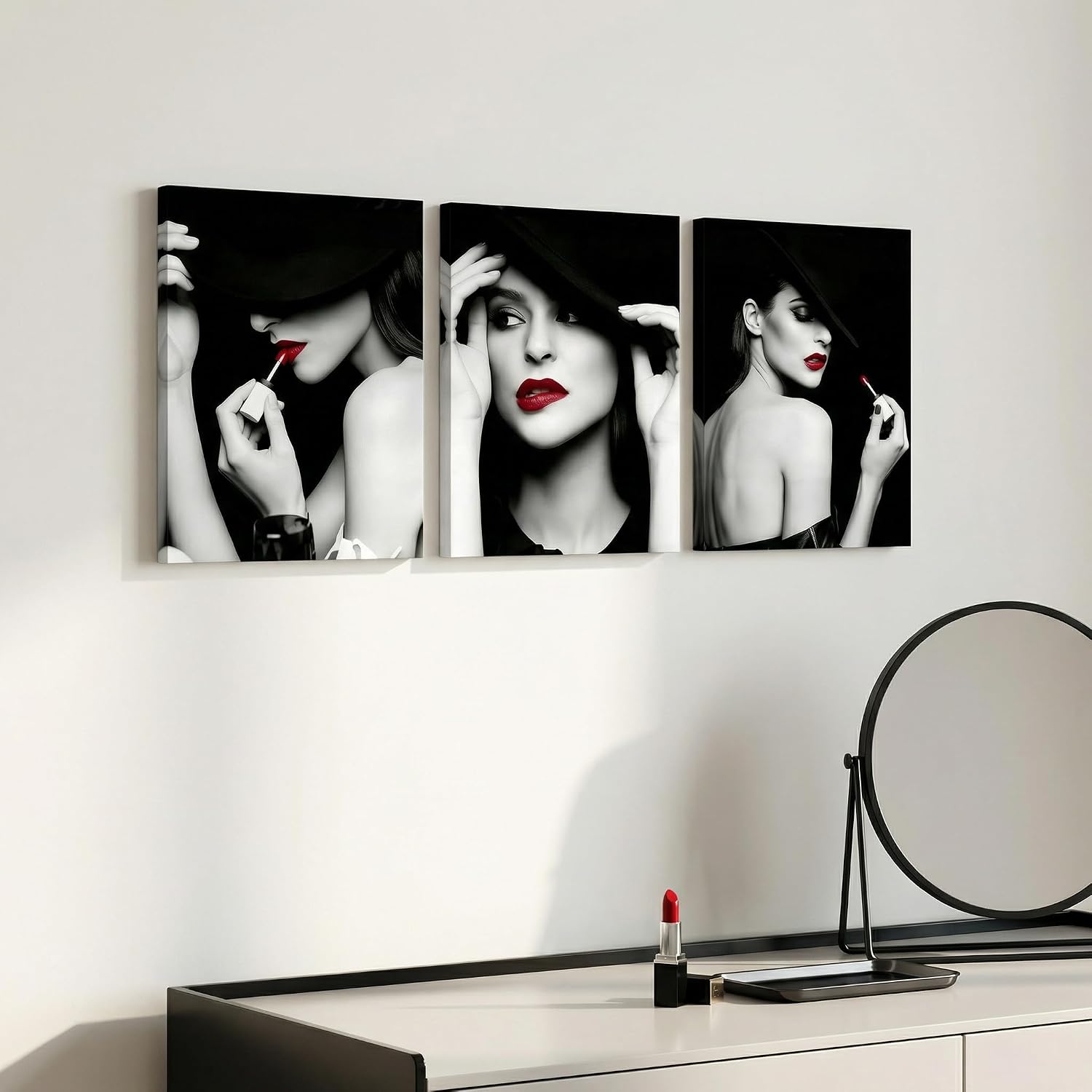 Artiluxy Black and White Fashion Canvas Wall Art Set of 3, Red Lips Portrait Artwork, Modern Chic Wall Decor for Living Room Bedroom, 12x16 Inch Unframed Prints (Black)