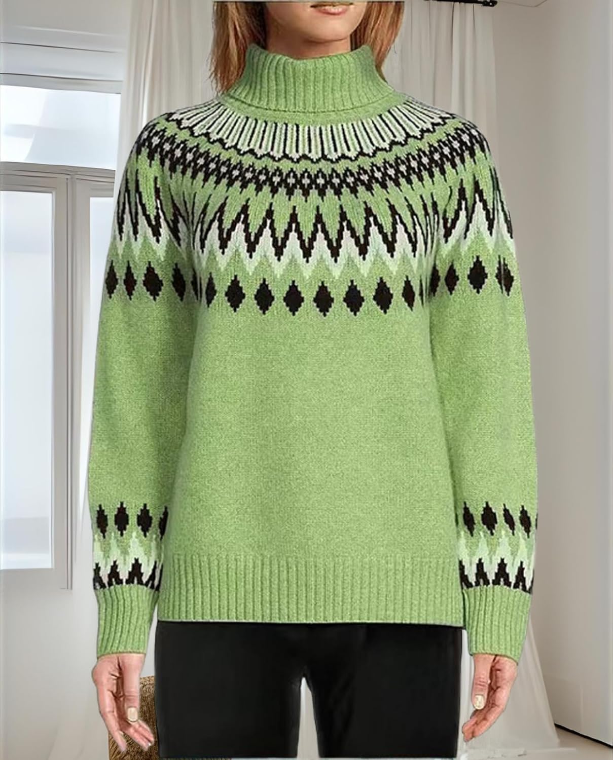 Women's Geometric Print Turtleneck Sweater Winter Warm Long Sleeve Casual Top for Vacation and Daily Wear - Image 3