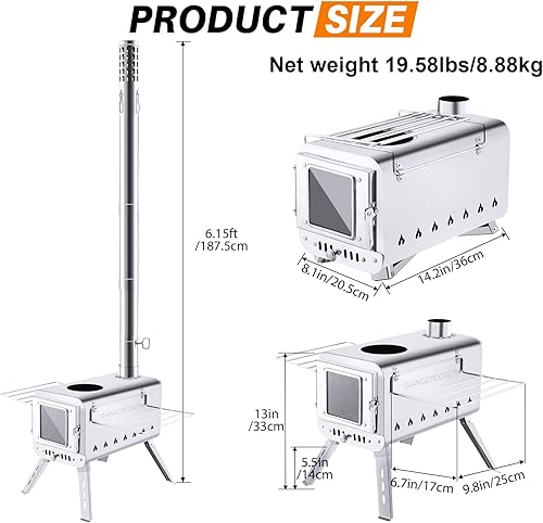 Miniatura 4 de CHANGE MOORE Estufa de tienda de campaña caliente, diseño de quemaduras secundarias, mejora la eficiencia de combustión, estufa portátil de leña con