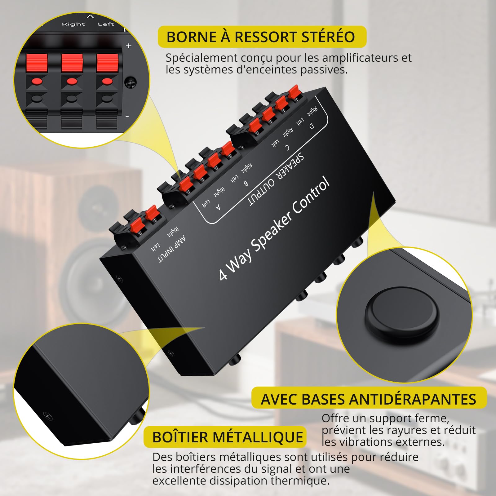 PROZOR Sélecteur Haut-Parleurs 4 Zones Passif 1 Entrée 4 Sorties avec Boutons A/B/C/D et Interrupteur Maître 150W/Canal Bornes à Ressorts pour Maison Commerce