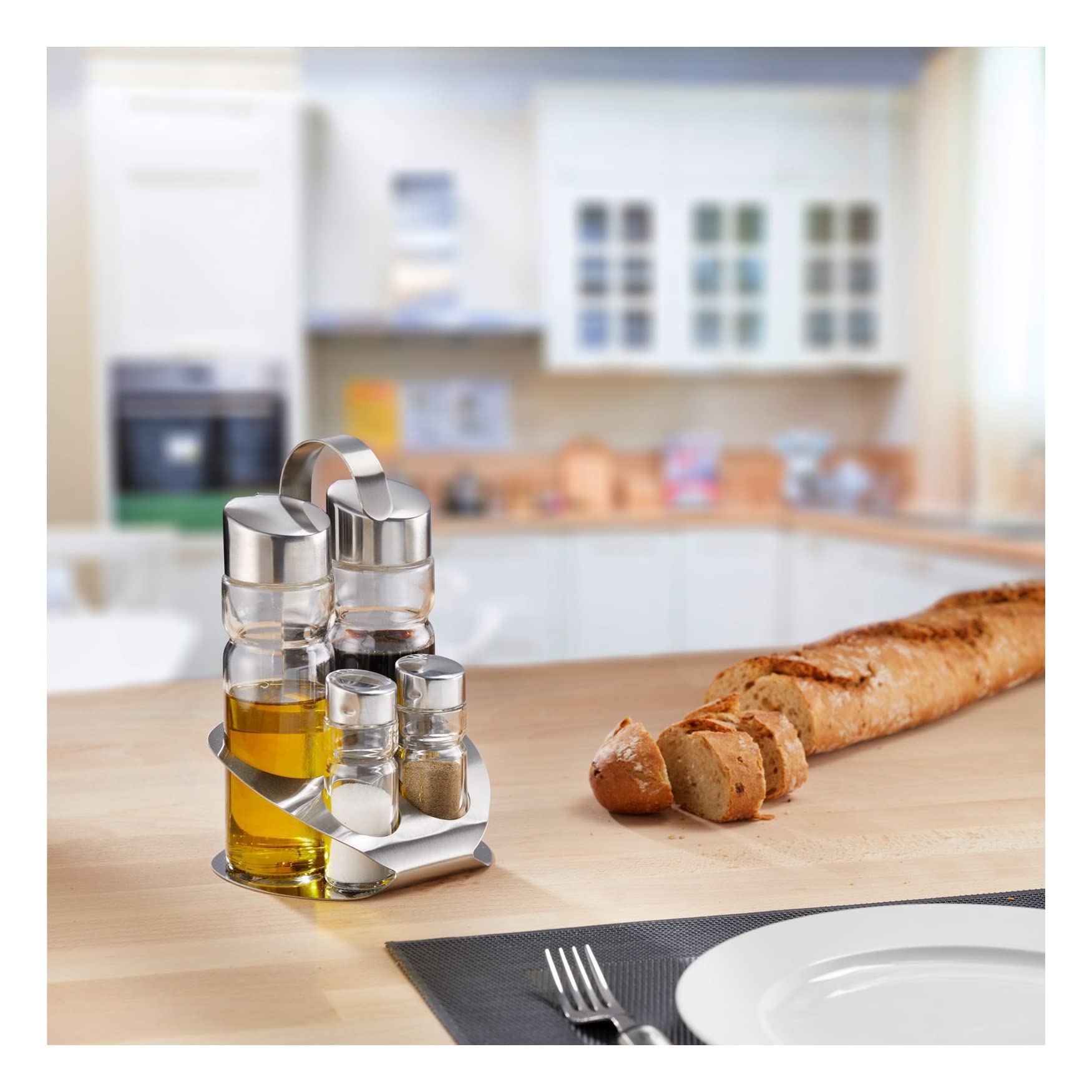 Westmark Ampolliera per sale, pepe, olio e aceto, 5 pezzi, Capacità: 2x 40 ml/2x 160 ml, Acciaio inox/Vetro, Wien, Argento/Trasparente, 65052260