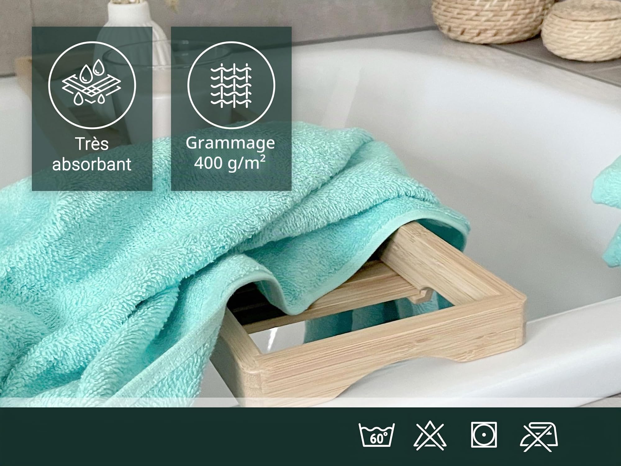 ZOLLNER Set de 3 linges de Douche en 70x140 cm - Serviettes de Bain très absorbantes et Douces en Menthe - avec accroche Pratique - Lavable à 95°C - Coton - qualité hôtelière