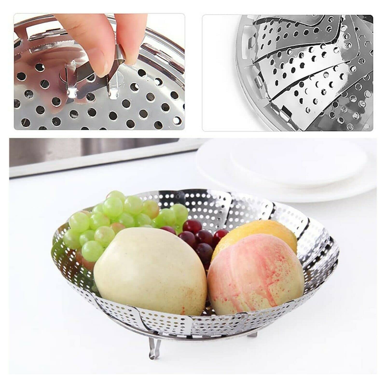 MAAUVTOR Stainless Steel Vegetable Steamer Basket, Metallic momos Steamer Insert for Pots, Pans Folding Collapsible Multipurpose Fruit Bowl Steamer for Boiling cooking Fish, Chicken, Dumpling — Amazon image 2