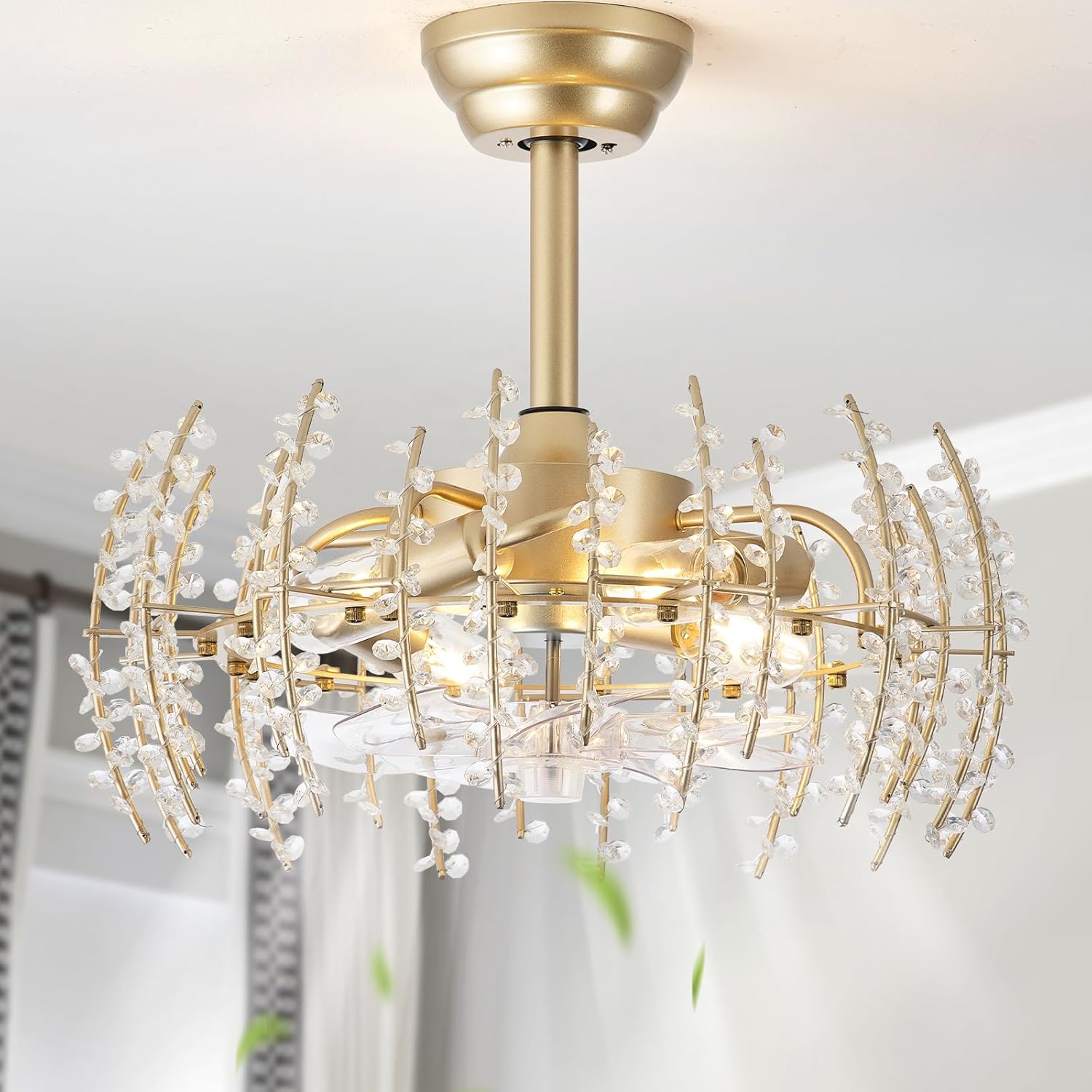 20" Gold Crystal Flower Fandelier Ceiling Fan with Light, Gold Crystal Chandelier Ceiling Fans Remote Control with 6 Speeds for Bedroom, Living Room, Nursery