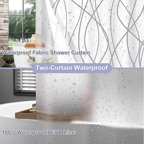 Miniatura 8 de ORTIGIA Cortina de ducha con forro, rayas grises onduladas, cortina de ducha 3 en 1 con 12 ganchos de metal de doble cara a prueba de óxido,