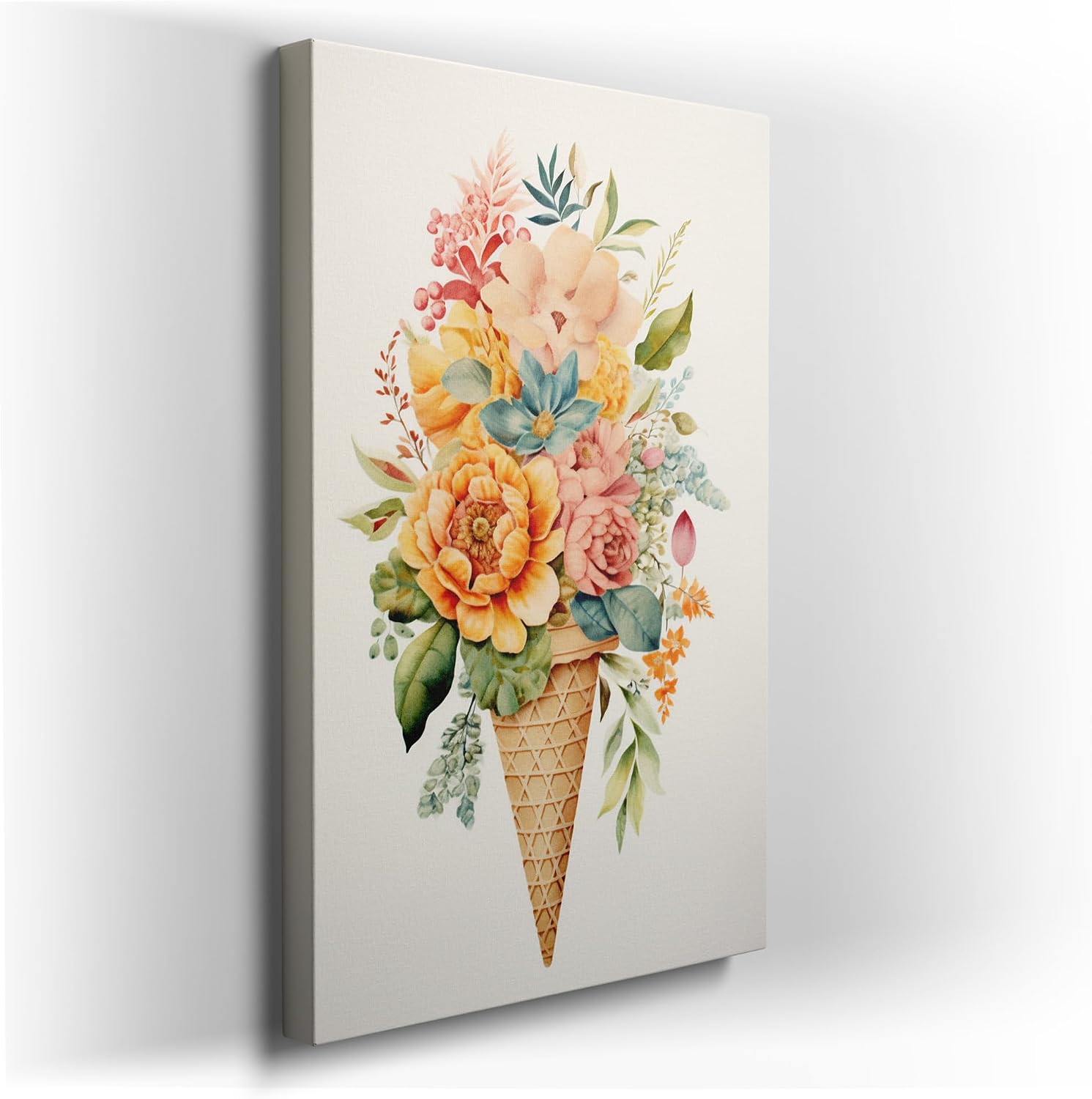 Canvas for Living room. Floral Delight in a Cone � Ice Cream Imagery Reimagined with Vivid Blossoms, 27 x 18 inch Canvas Wall Art - Vibrant Pops Of Color - Botanical Home Decor - 69x46 cm (27x18 inch)