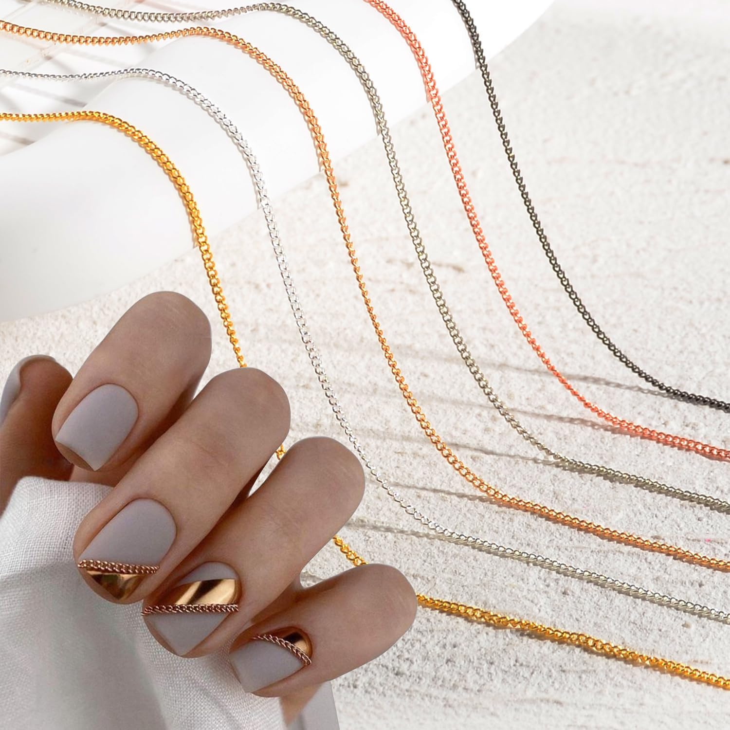 Nail Chains Punk Nail Charm 6 Strips Gold Silver Rose Gold Metal Nail Charms Nail Studs Chains Metallic Nail Beads Ball Jewelry Accessory Y2K Nail Art Decoration
